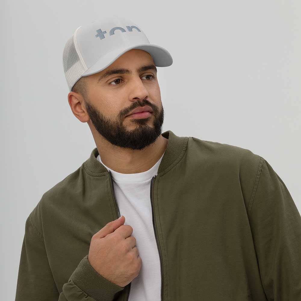 Top Trucker Mesh Snapback Hat Silver on man