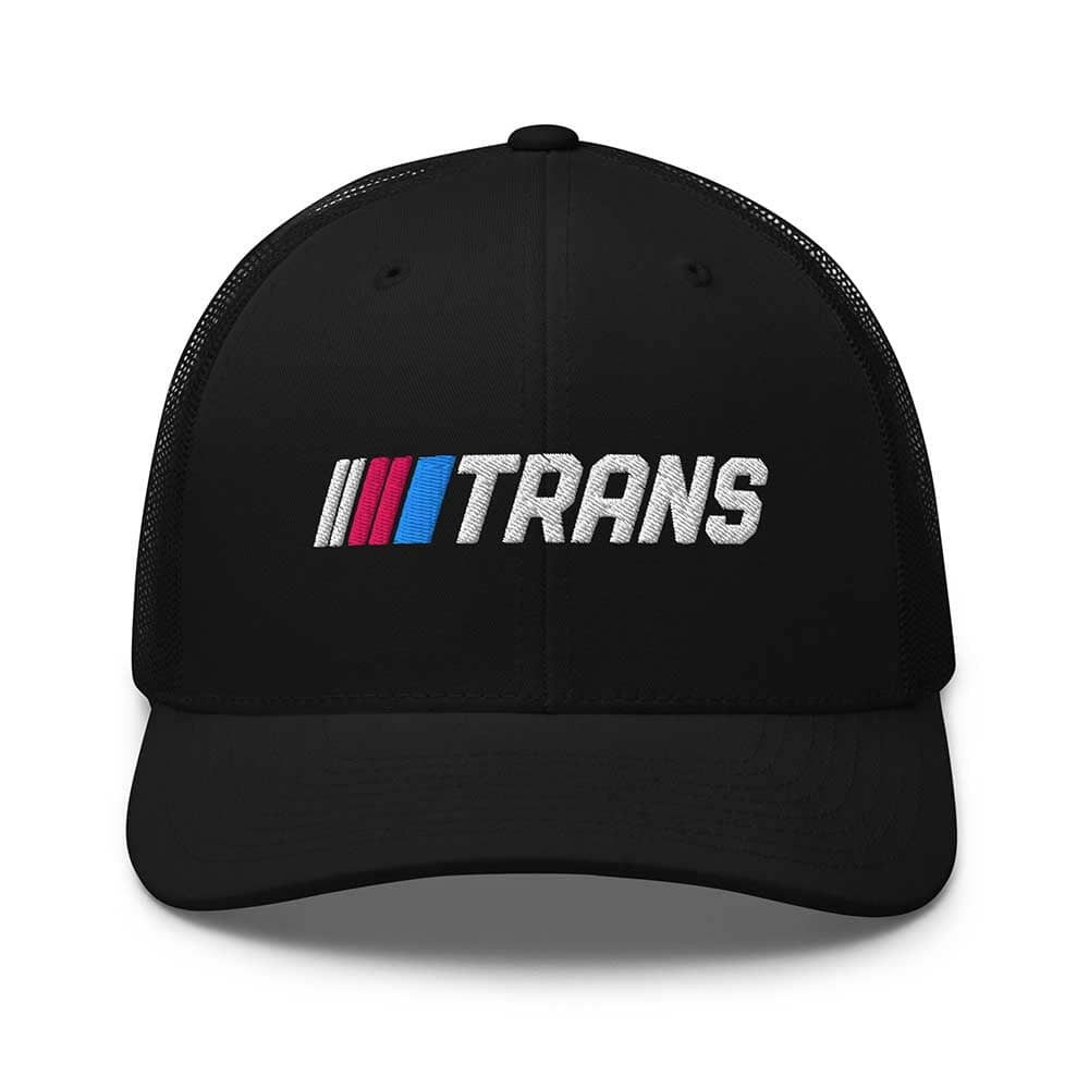 Black cap with 'TRANS' logo on a white background