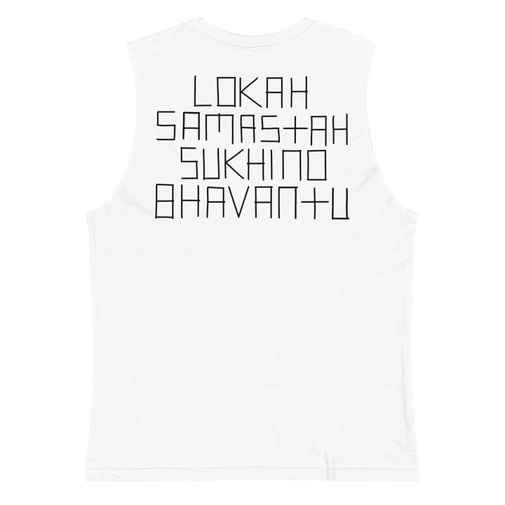 white Sleeveless Tee lokah samastah sukhino bhavantu back