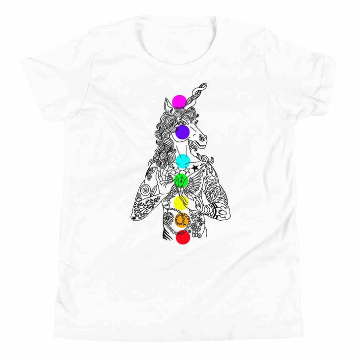 White t-shirt with a colorful unicorn design on a white background