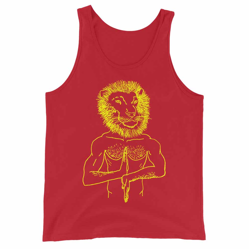 Red tank top with yellow lion graphic on a white background