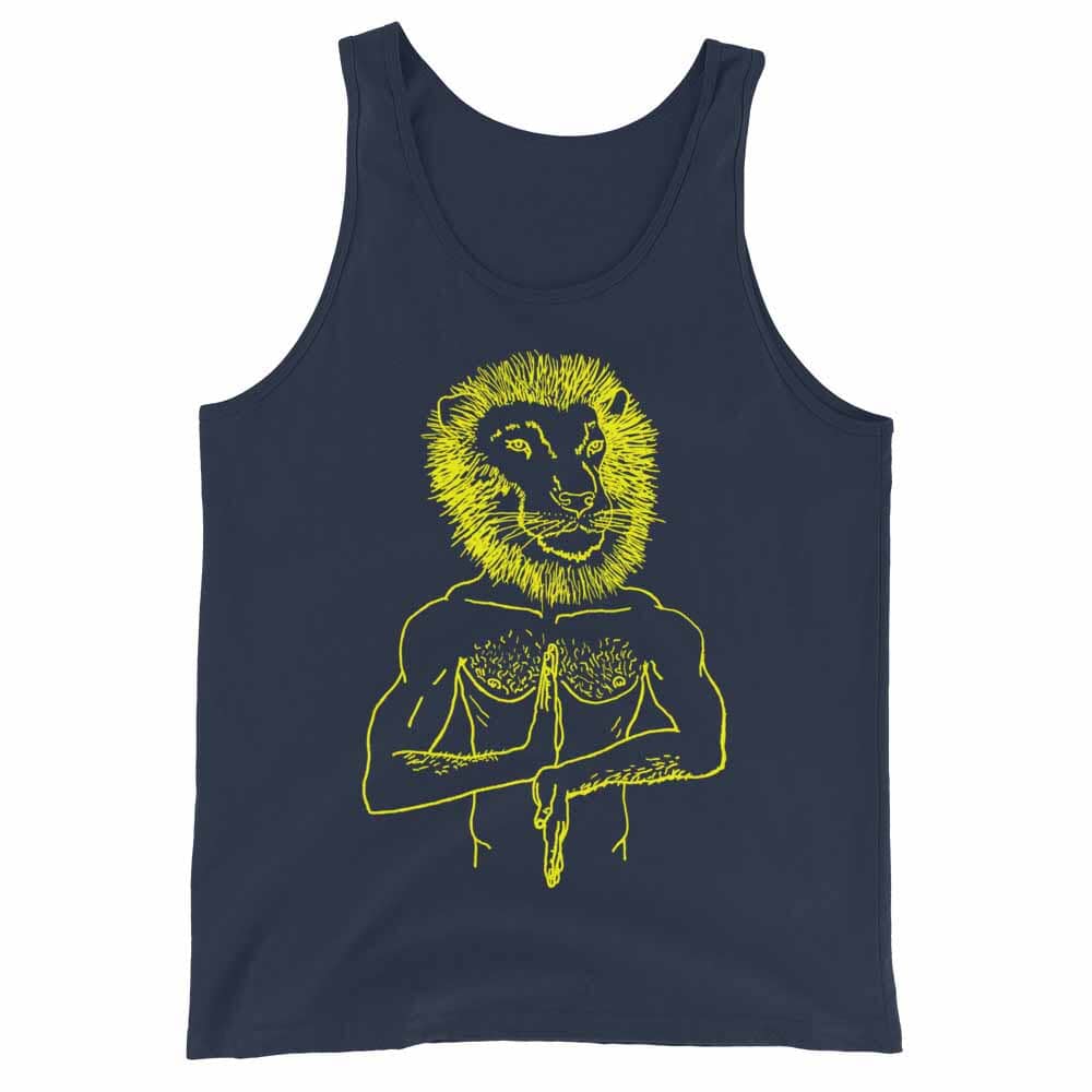 Navy tank top with yellow lion graphic design on a white background