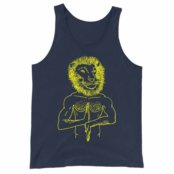 Navy tank top with yellow lion graphic design on a white background