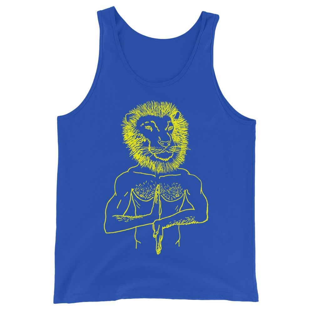 Royal Blue tank top with yellow lion graphic on a white background