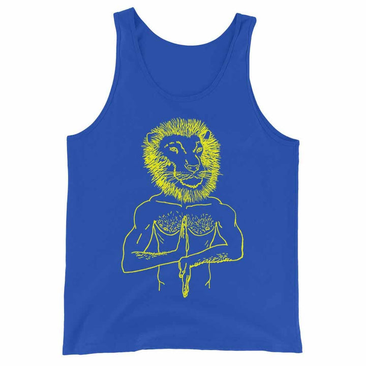 Royal Blue tank top with yellow lion graphic on a white background