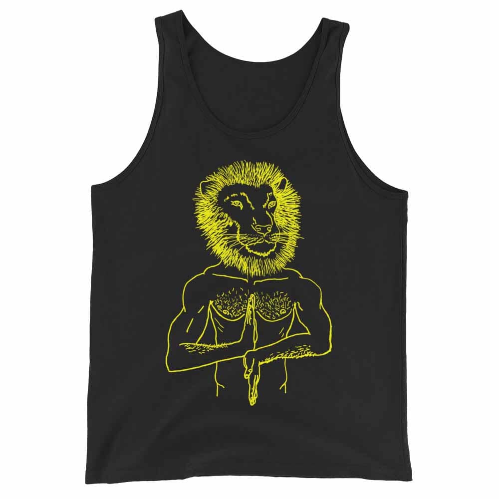 Black tank top with yellow lion graphic design on a white background