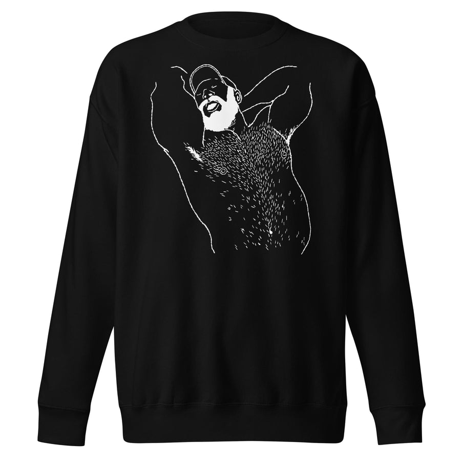 Kinky Needles Arms Up Bearded Bear White Print Crew Sweatshirt by Kinky Needles