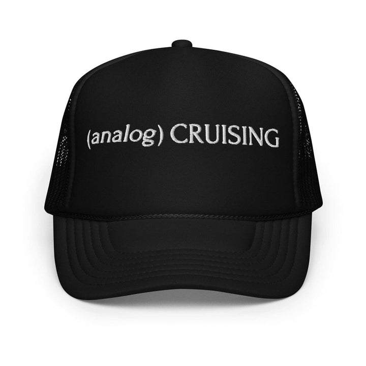 Black foam trucker hat with (analog) CRUISING white embroidery, ghost front view, Leo Herrera x Adam&