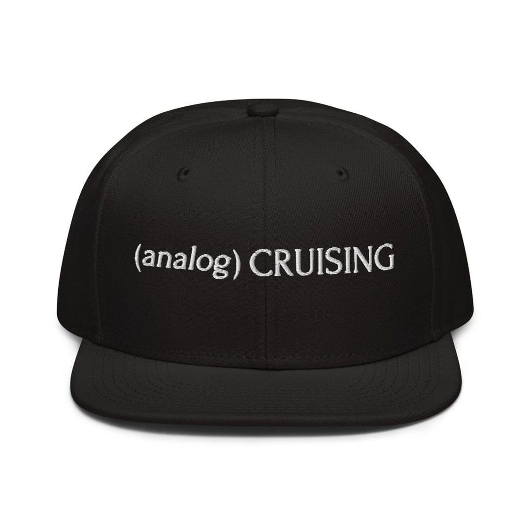 Black Otto 6 panel snapback with (analog) CRUISING white embroidery, ghost front view, Leo Herrera x Adam&