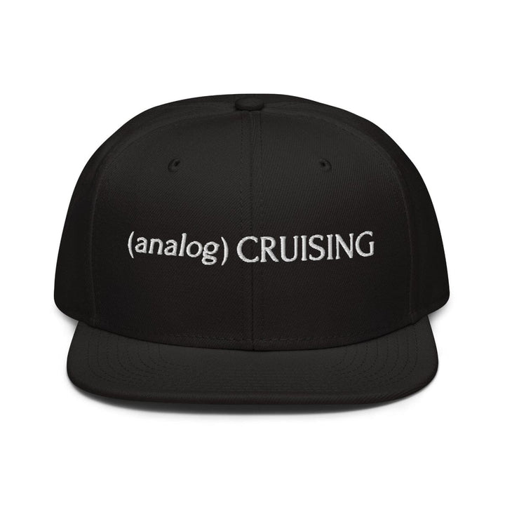 Black Otto 6 panel snapback with (analog) CRUISING white embroidery, ghost front view, Leo Herrera x Adam&
