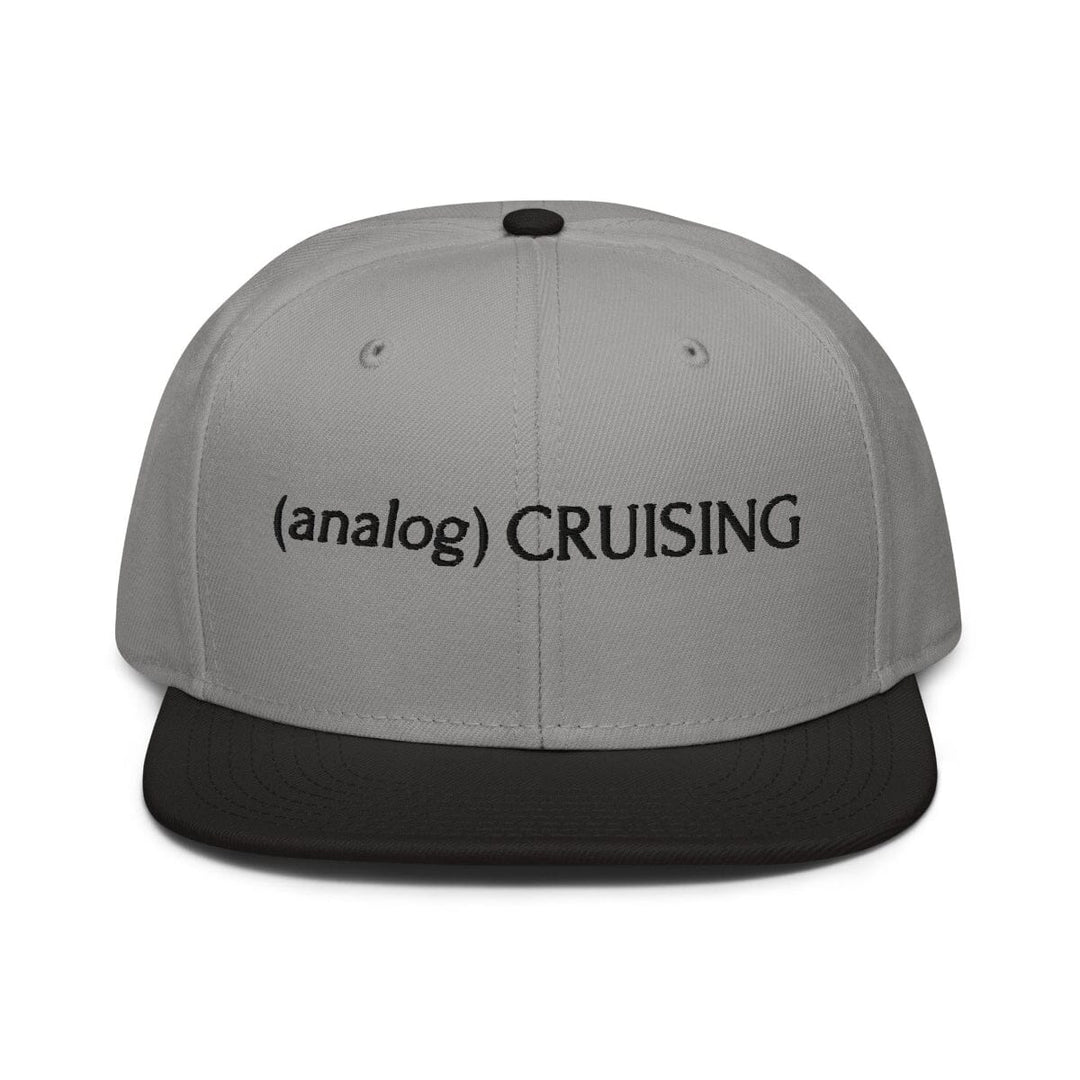 Gray Otto 6 panel snapback with (analog) CRUISING black embroidery, black brim, front view, Leo Herrera x Adam's Nest Provincetown