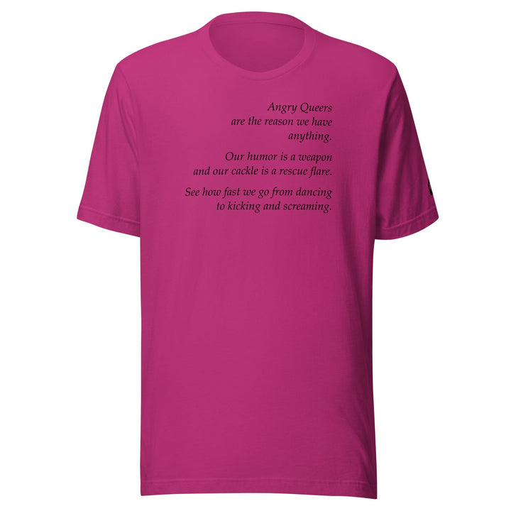 Berry unisex t-shirt with Angry Queers poem by Leo Herrera in black text, ghost mannequin front view, Adam&
