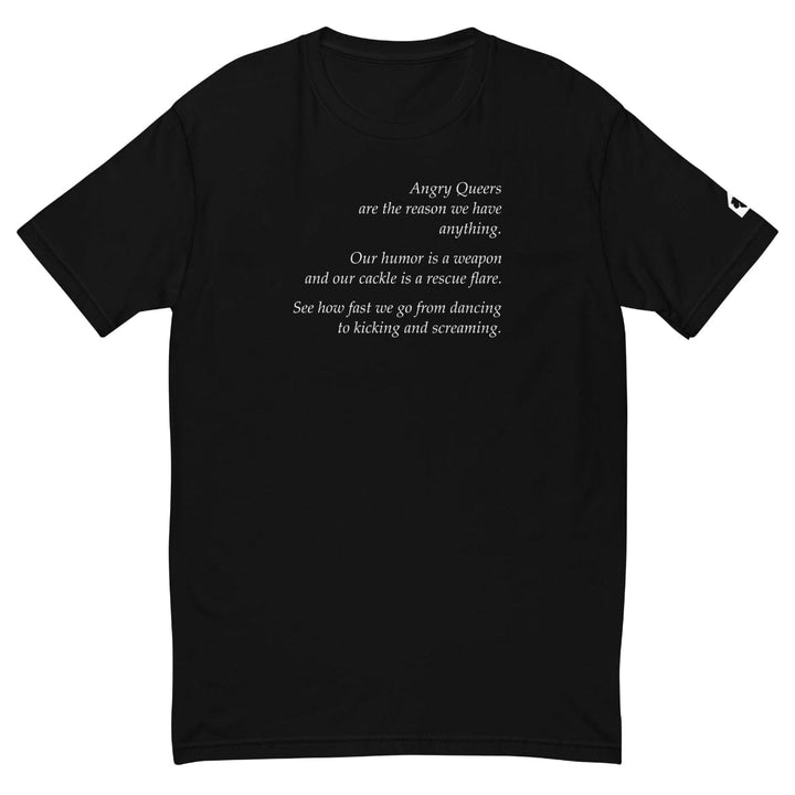Black Angry Queers fitted t-shirt flatlay with camera and sneakers, Leo Herrera x Adam&