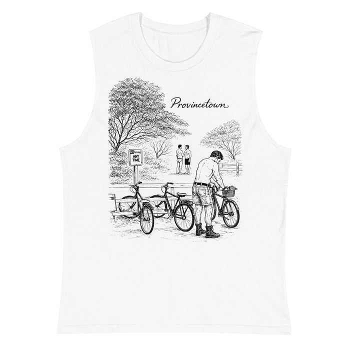 Provincetown Boy Beach Bikes White Muscle Tee | Nathan Rapport x Adam's Nest