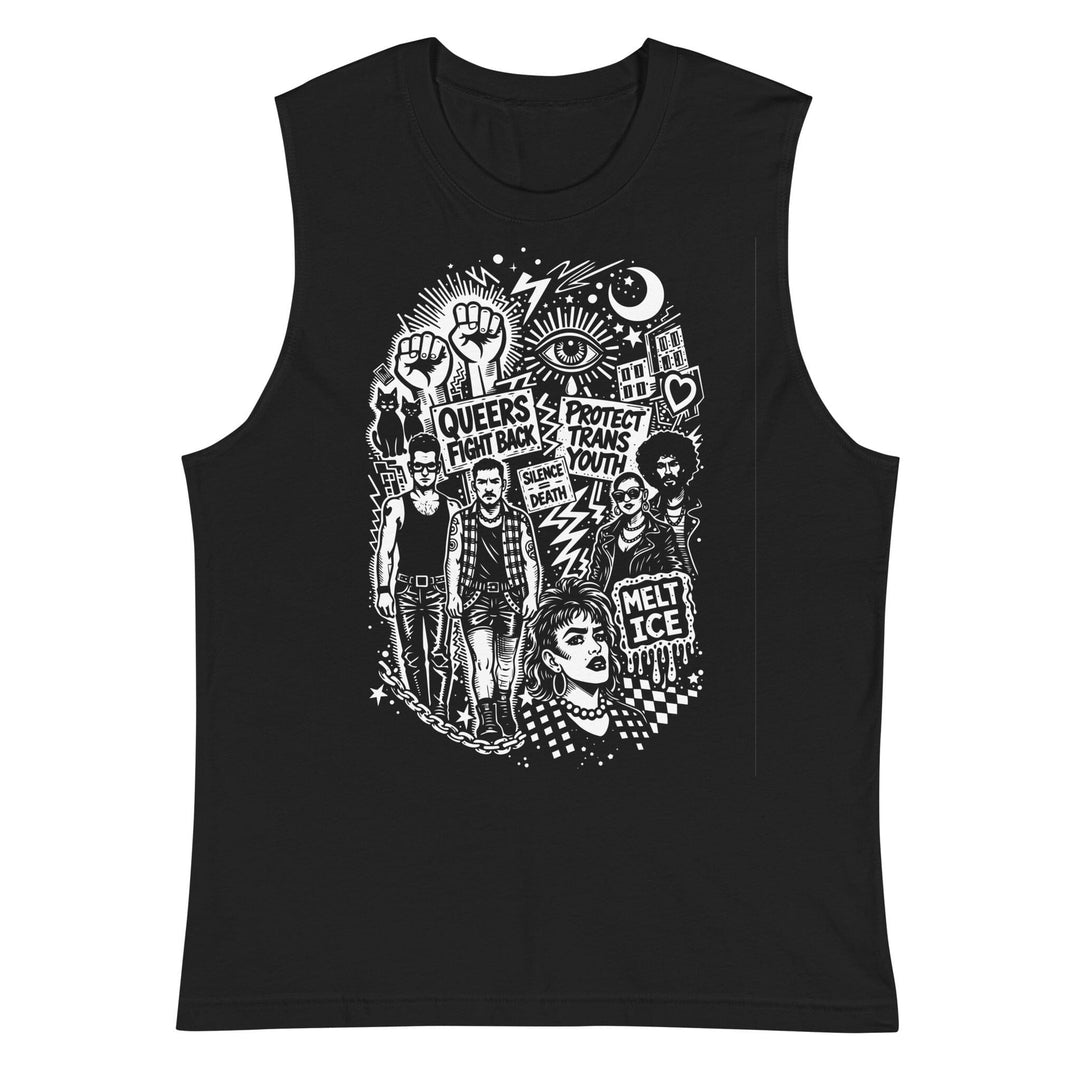 Adam's Nest x Nathan Rapport Queer Trans Protest black unisex muscle tee with bold white queer activist illustration, wide-cut sleeveless protest apparel