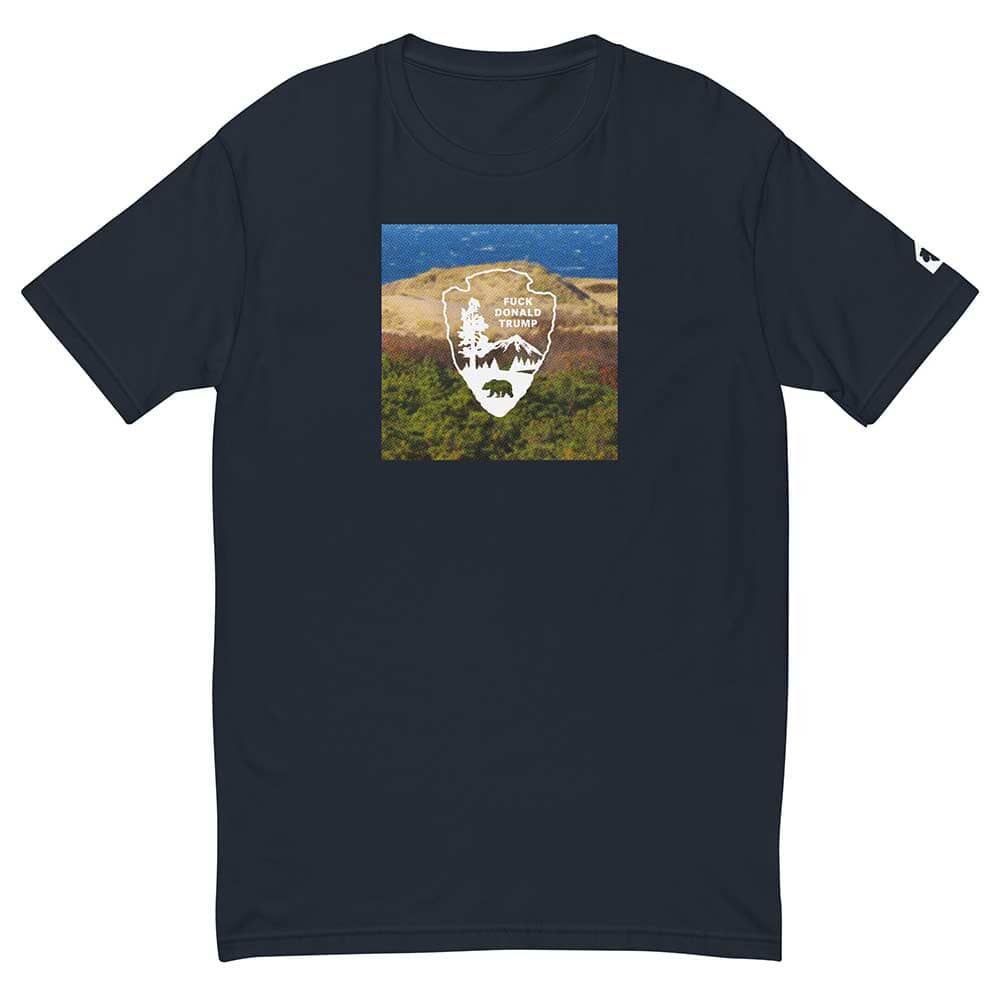 Navy blue t-shirt with a graphic of a a dunes landscape and logo on a white background