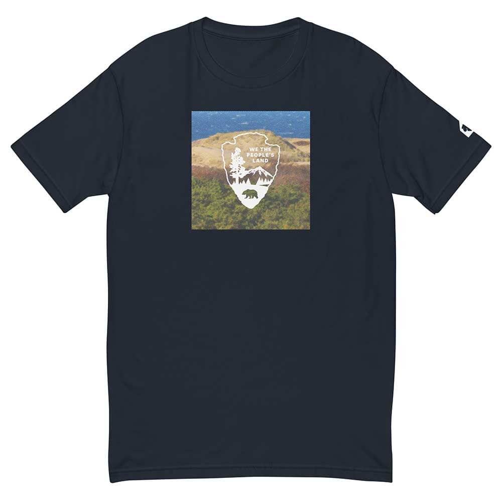 Navy blue t-shirt with province lands dunes landscape graphic on a white background