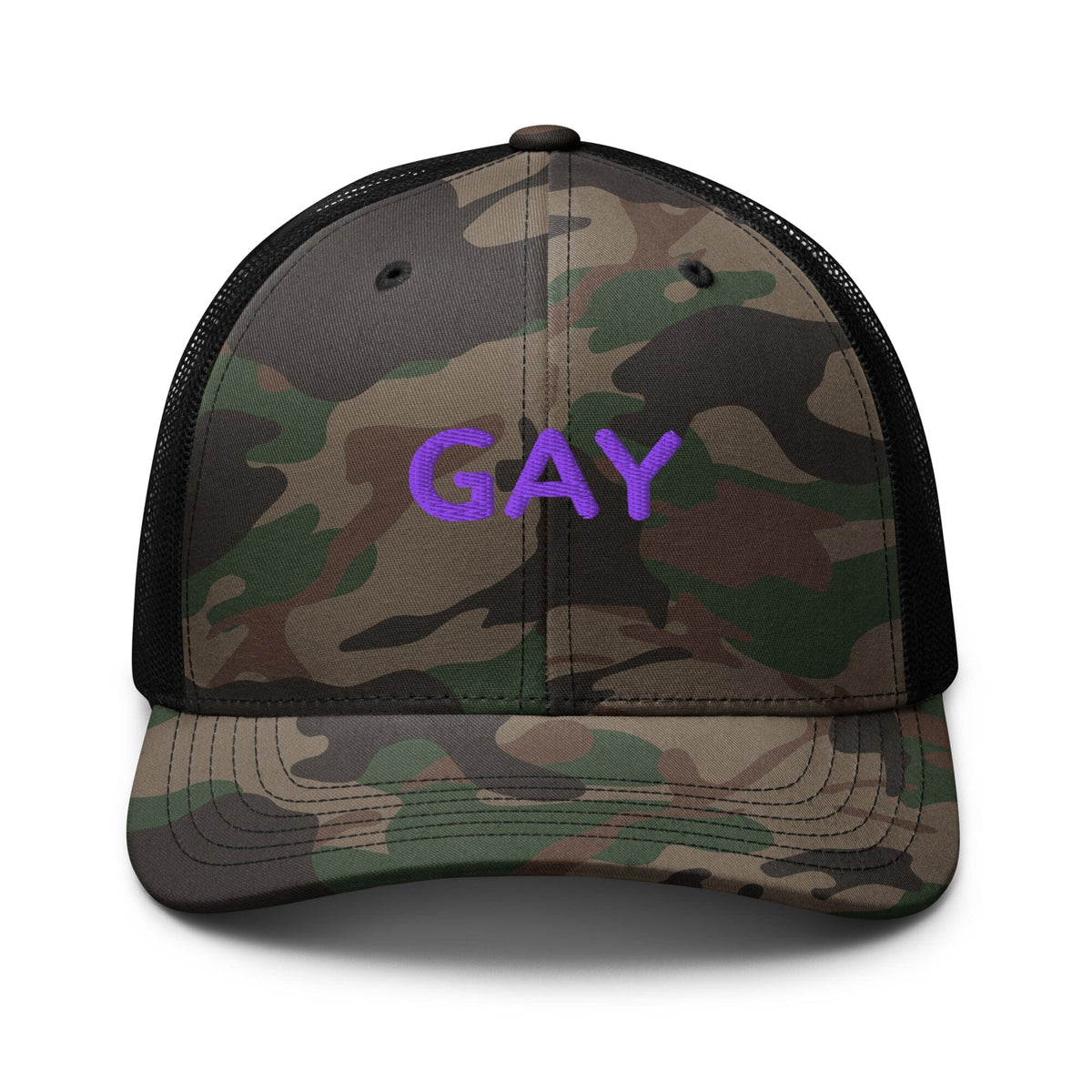Camouflage cap with GAY embroidery in purple on a white background