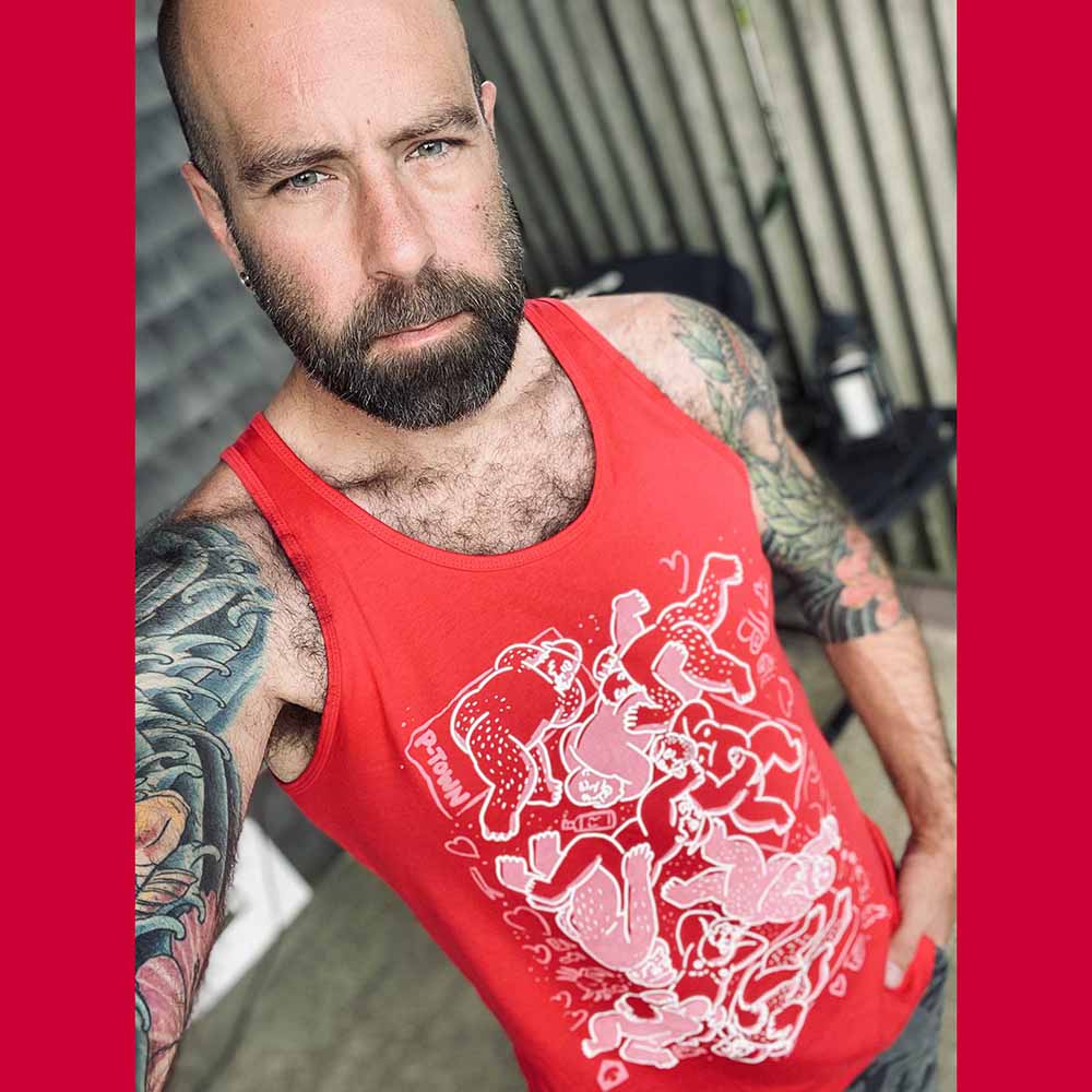 Bearpad Ptown Herring Cove Beach Tank red with pink and white on man