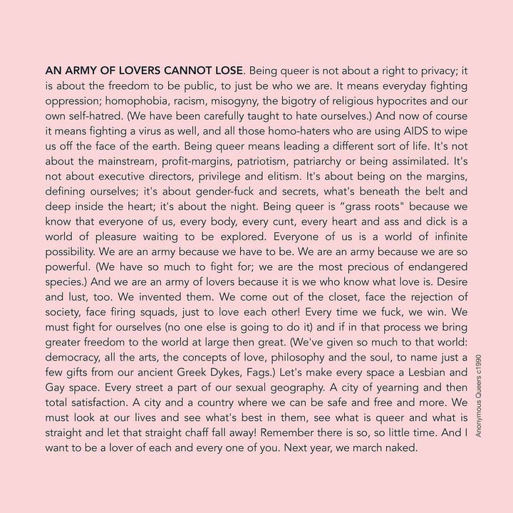 army of lovers anonymous queers text on pink