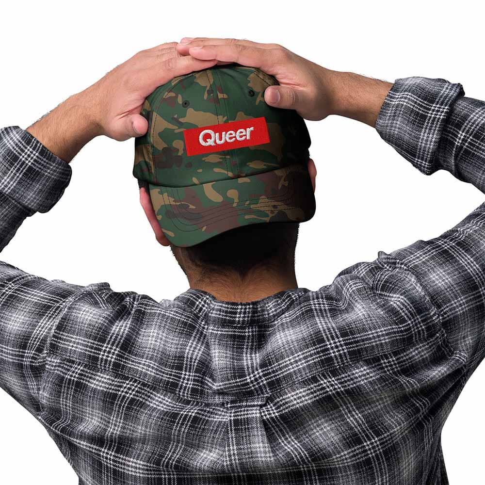 queer camo twill dad hat backwards