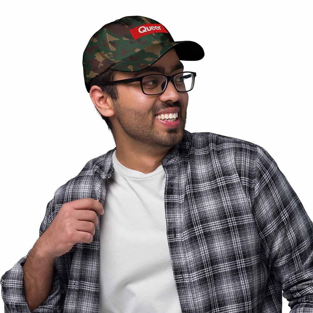 queer camo twill dad hat on man