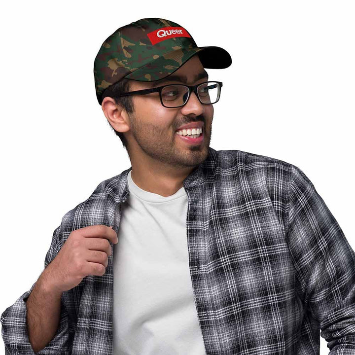 queer camo twill dad hat on man