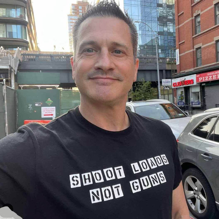 damon jacobs shoot loads not guns t-shirt