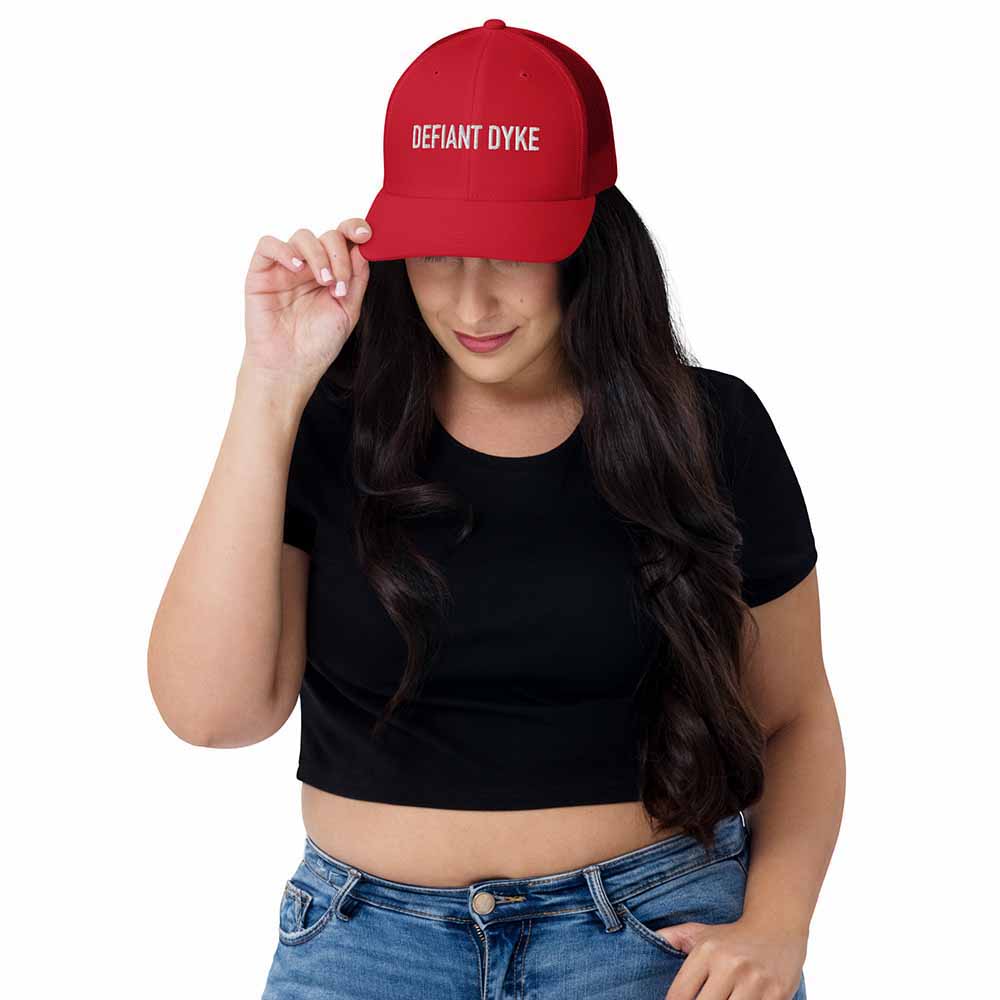 DEFIANT DYKE Trucker Mesh Snapback Hat red on woman