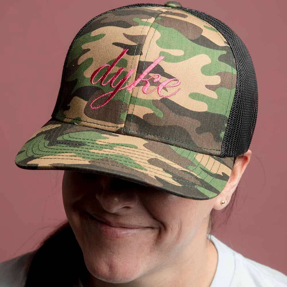 dyke camo mesh snapback hat on woman