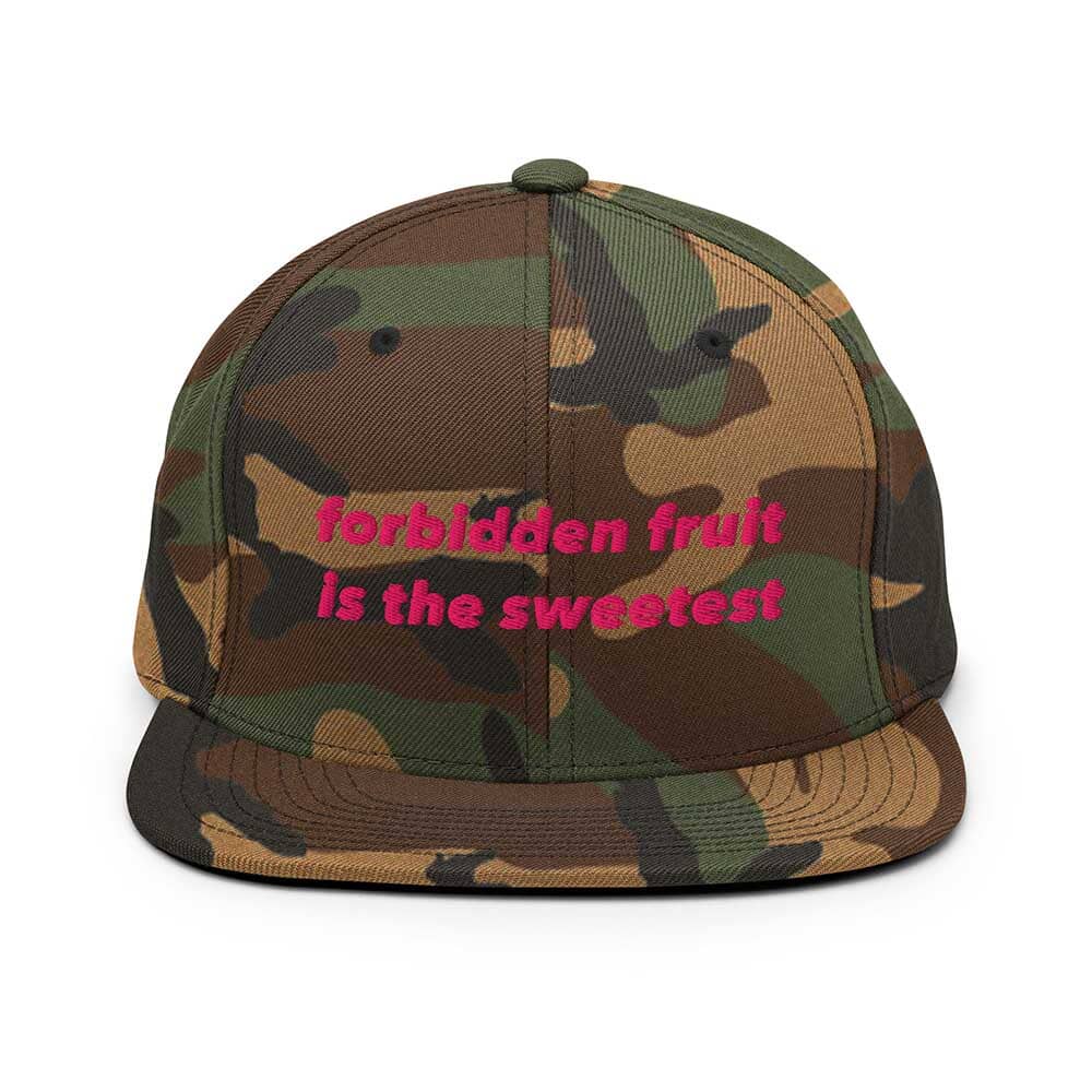 Camouflage flatbill cap with pink text &