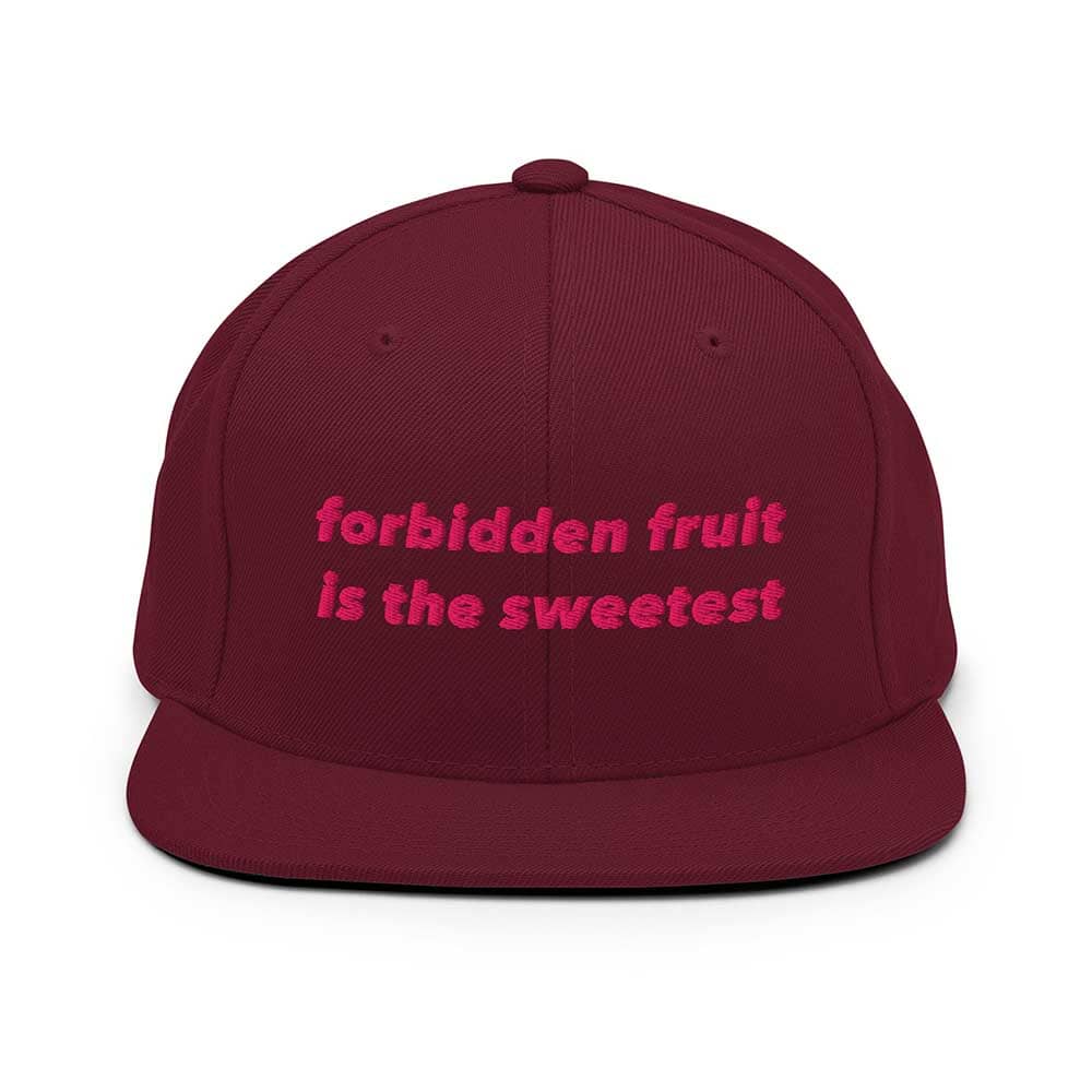 Maroon flatbill cap with pink text &