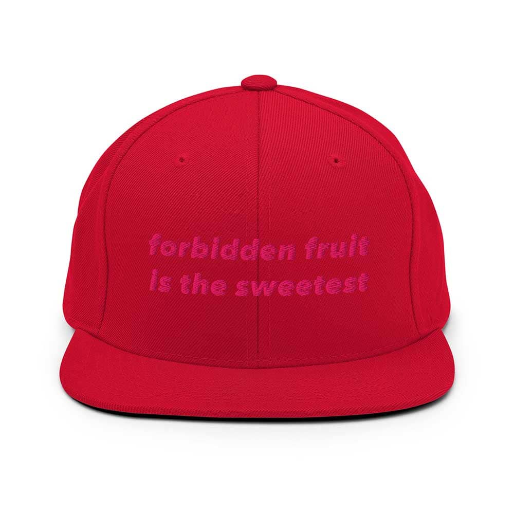 Red flatbill cap with pink text 'forbidden fruit is the sweetest' on a white background