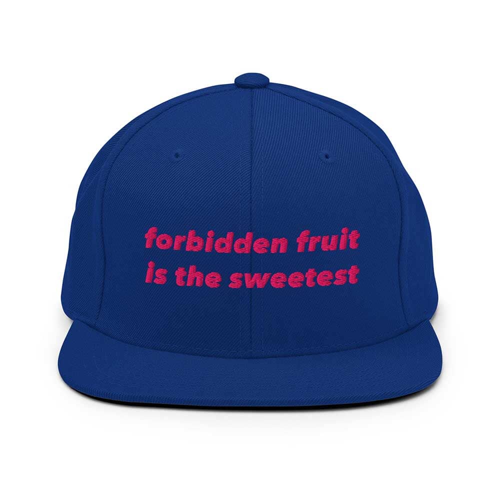 Royal Blue flatbill cap with pink text 'forbidden fruit is the sweetest' on a white background