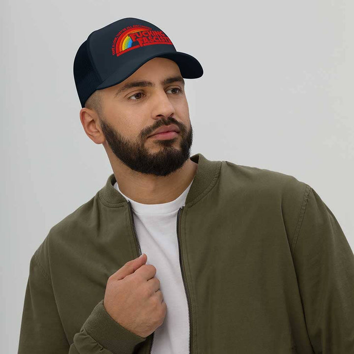 Fucking Fascists Trucker Mesh Snapback navy on man
