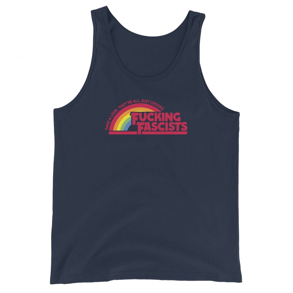 Navy tank top with fucking fascist  they're all just crooks rainbow design on a white background