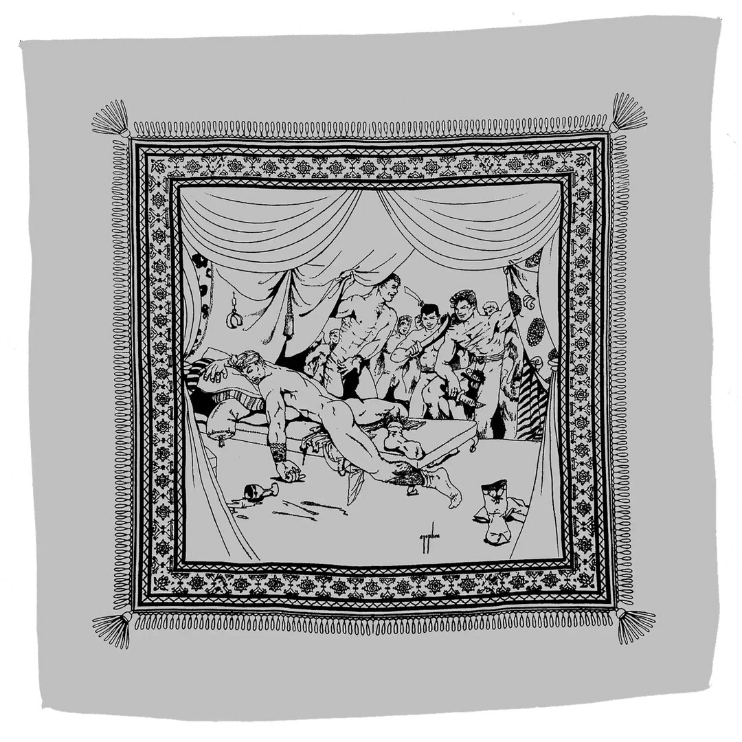 gathered men in a curtained room, attention pooled toward a reclining figure at center on a grey bandana