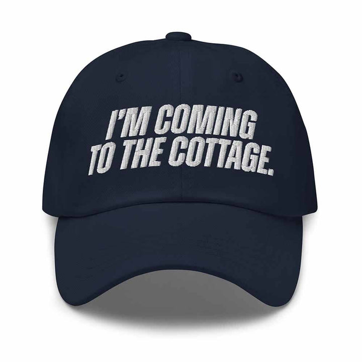 Navy blue cap with white text &