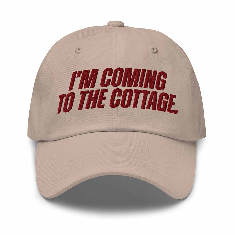 Beige cap with red text &