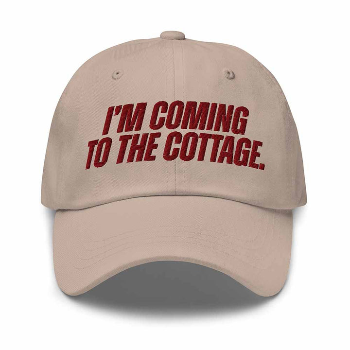 Beige cap with red text &