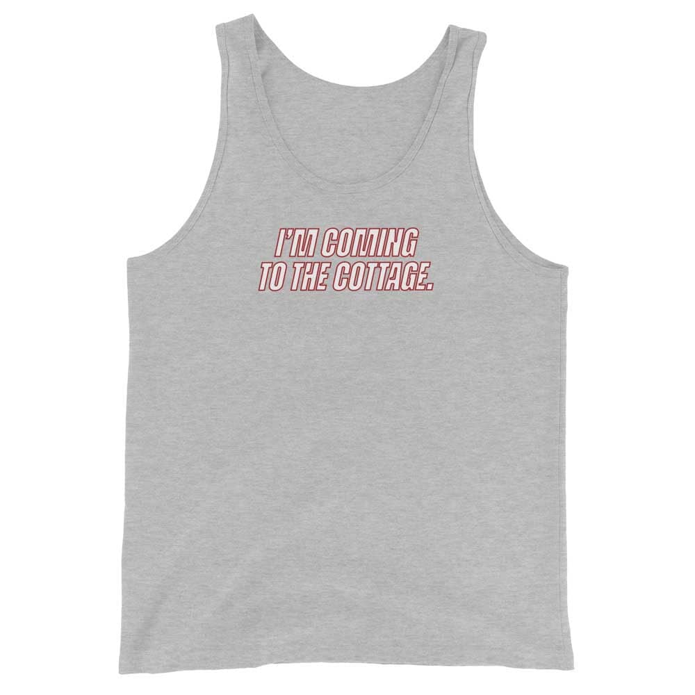 Gray tank top with red text 'I'm going to the cottage' on a white background