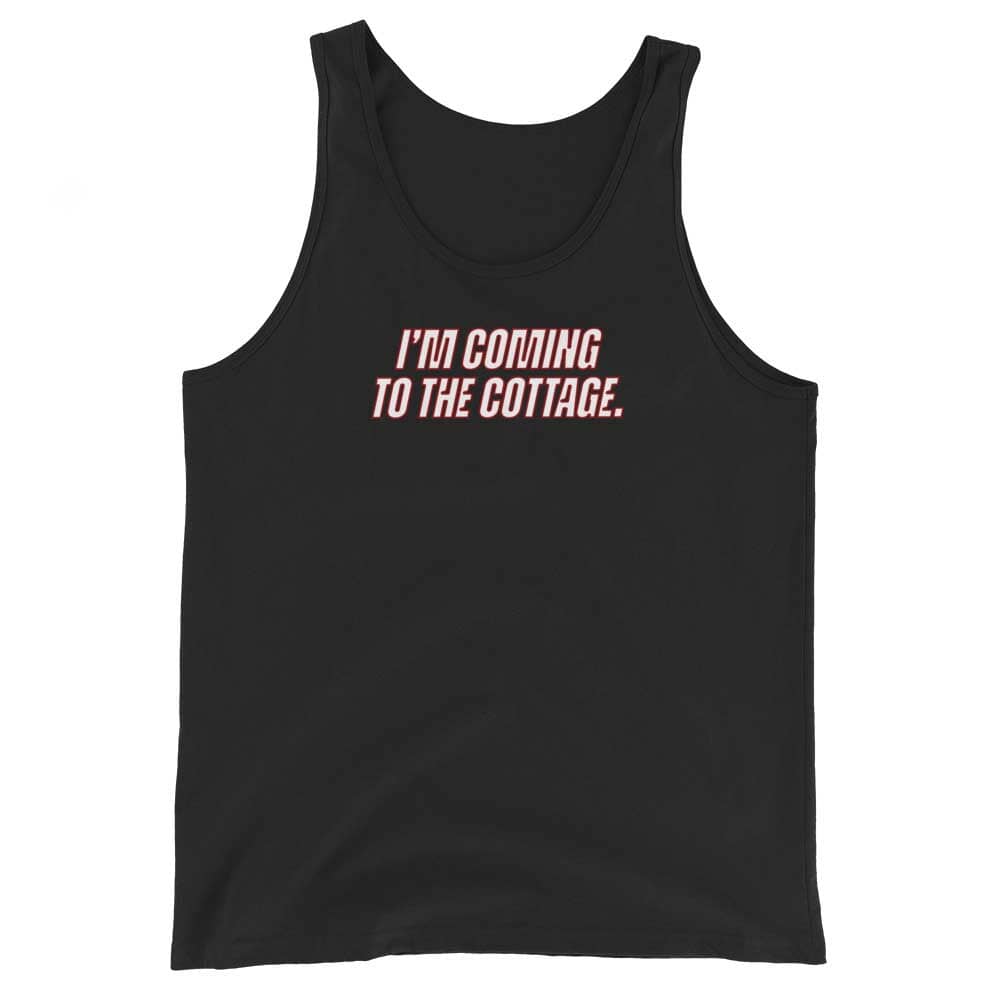Black tank top with pink text 'I'm coming to the cottage' on a white background