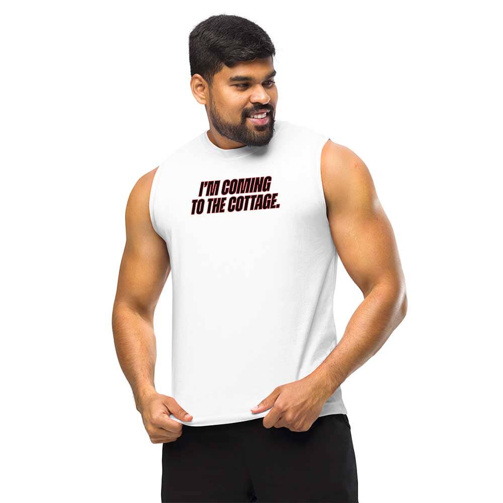 Man wearing a white sleeveless shirt with text on a white background