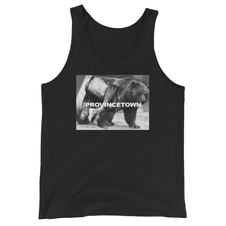 Front view of black Naro Pinosa Provincetown bear graphic staple tank. Bear Week 10th anniversary reissue, Adam&