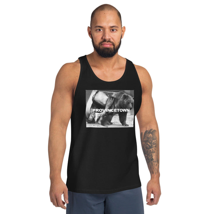 Tattooed model wearing black Naro Pinosa Ptown bear week tank top. Bear Week graphic from Adam&