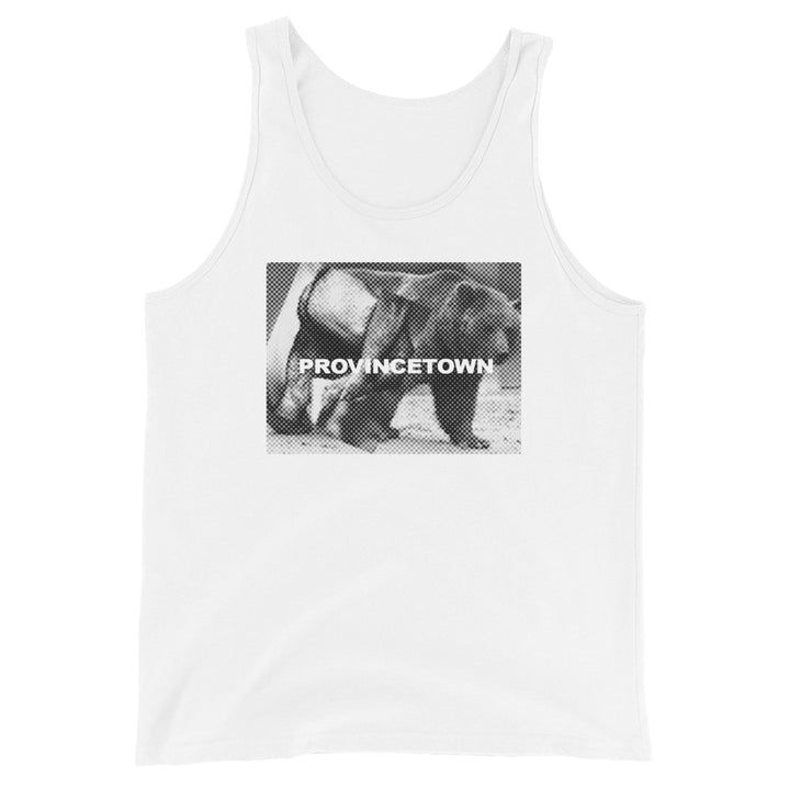 flat front view of white Naro Pinosa Provincetown bear graphic staple tank. Adam&