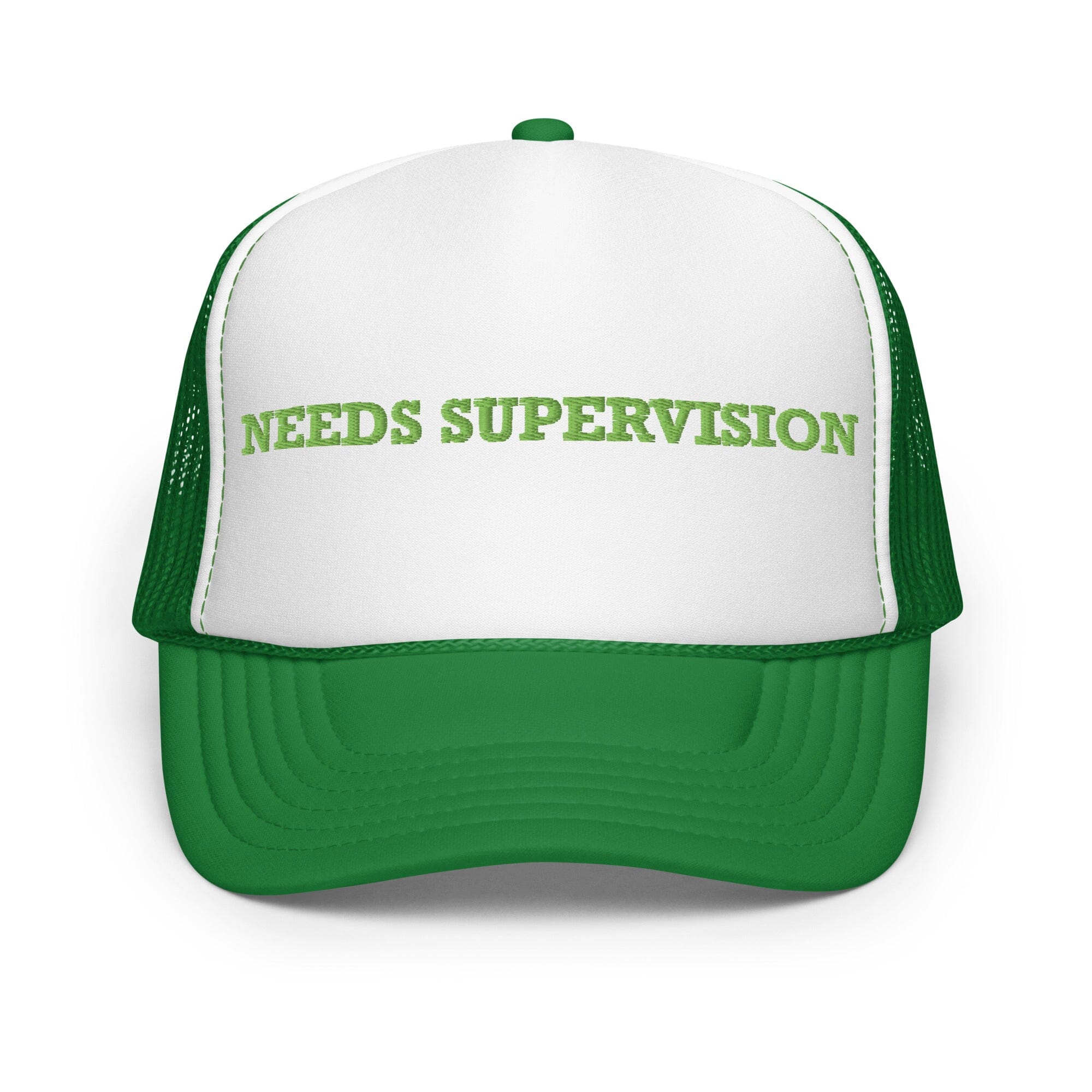 Green and white cap with golf design and coordinates on a white background