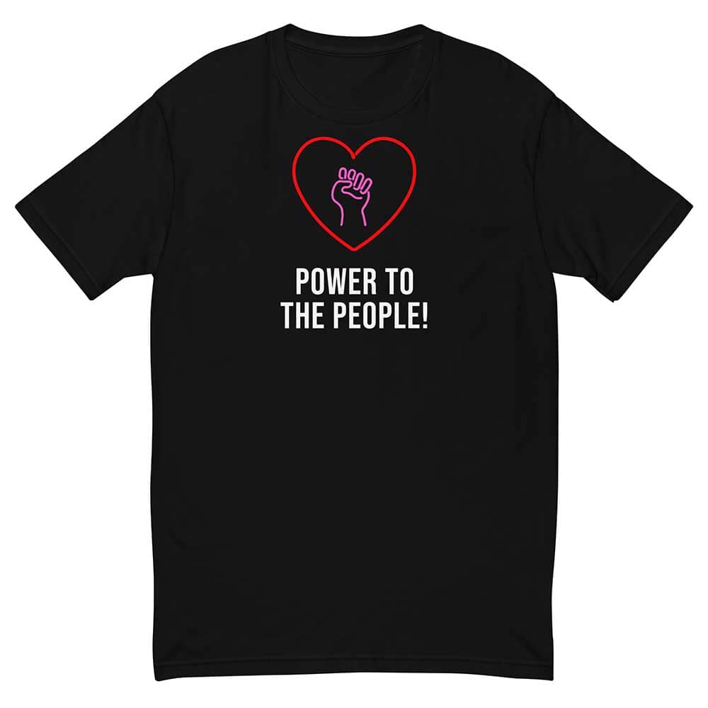 Black t-shirt with a red heart and white text 'Power to the People!' on a white background