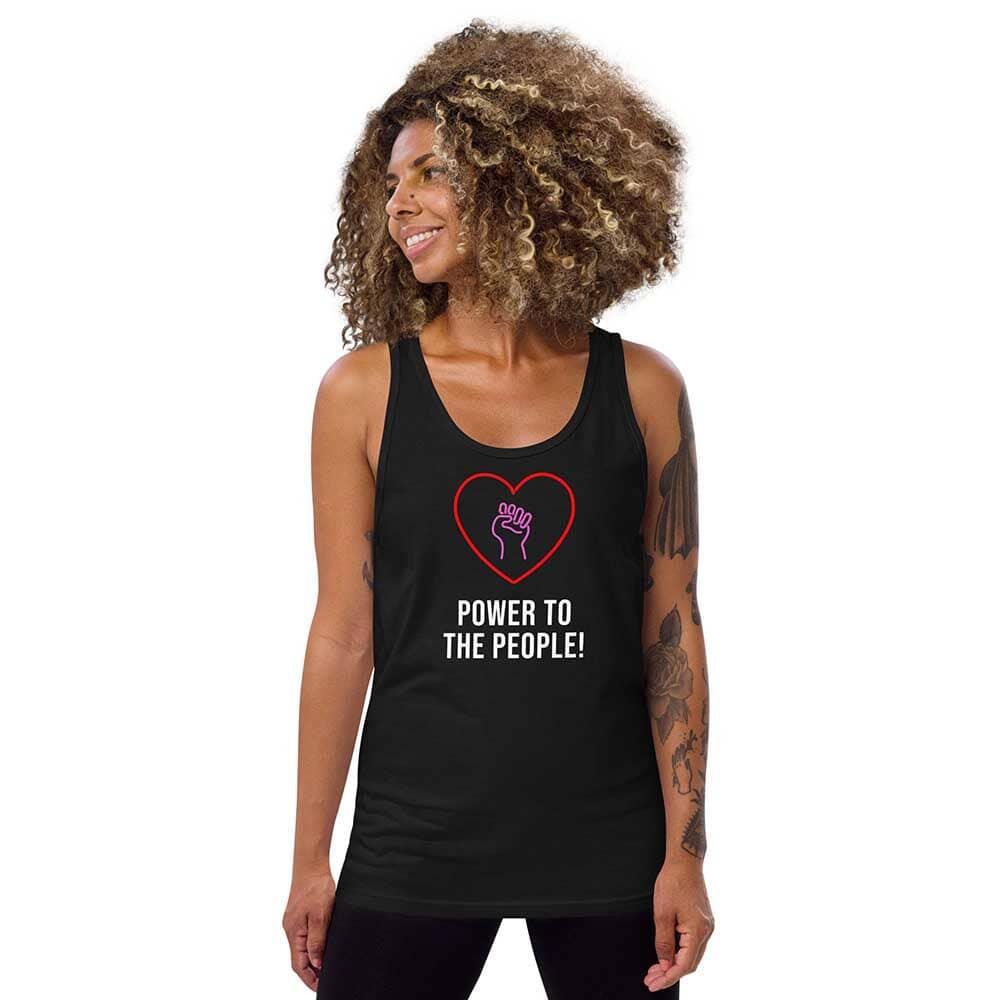 Woman wearing a black tank top with a heart and fist design and text on a white background