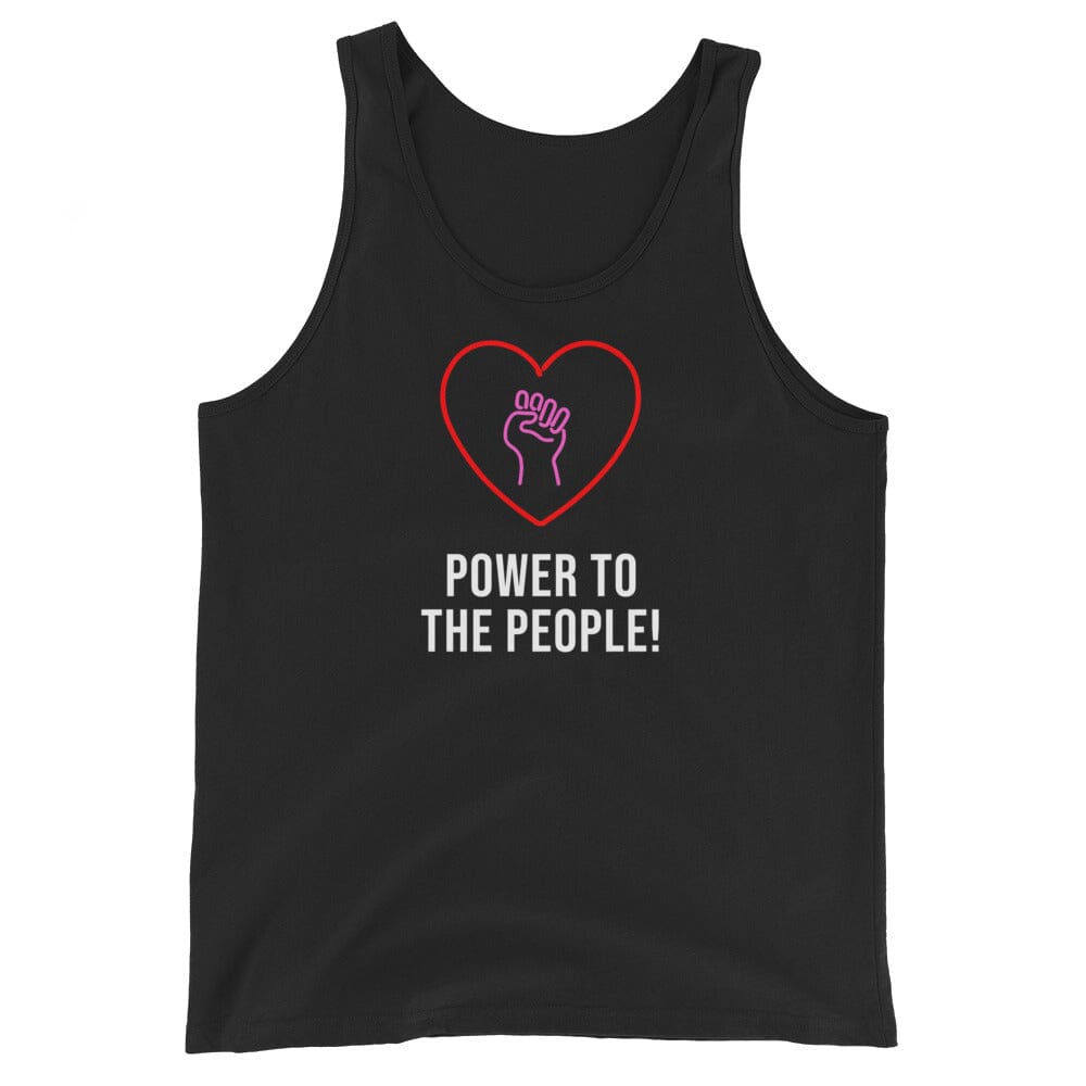 Black tank top with a heart and hand design, and 'Power to the People!' text on a white background.